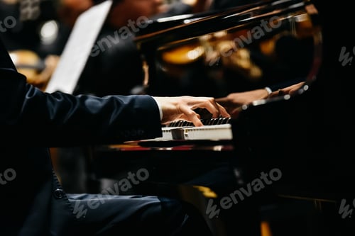 Preview: Pianist playing a piece on a grand piano at a concert, seen from the side.