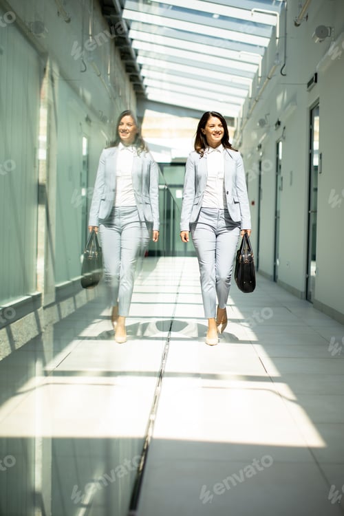 Preview: Pretty young business woman walking with briefcase in the office hallway