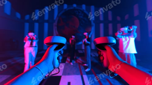 Preview: A team of young friends using virtual reality VR equipment on a arena
