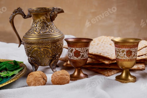 Preview: A Jewish Matzah bread with wine. Passover holiday concept