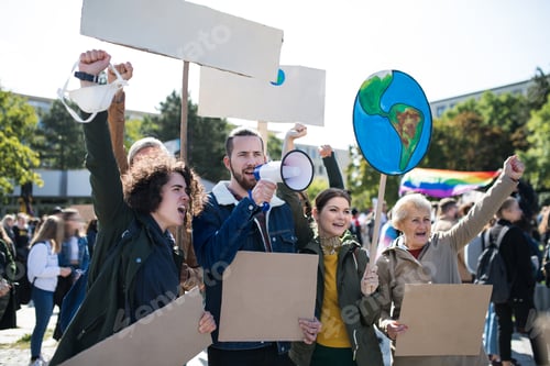 Preview: People with placards and amplifier on global strike for climate change