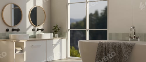 Preview: Interior design of modern elegance white bathroom with bathtub, double sinks and mirrors.