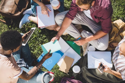 Preview: overhead view of multiethnic group of students studying together while sitting on grass