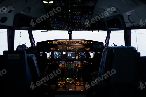 Preview: Nobody in empty captain cabin used to fly airplane with dashboard