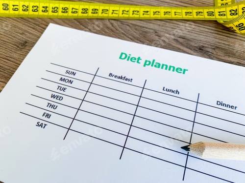 Preview: Health concept. Diet plan on wooden background