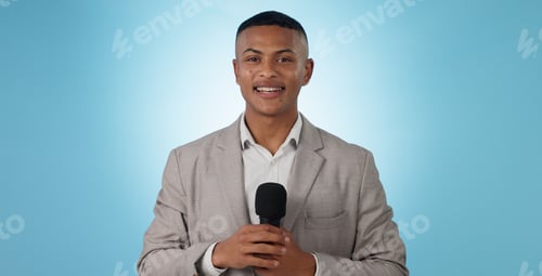 Preview: Man, news or reporter with mic on blue background for mock up of broadcast in studio in Cape Town.