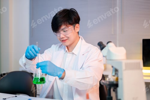 Preview: Scientist researcher man in lab coat and gloves holding glass conical flask looking at test liquid.