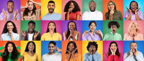Preview: Emotion Diversity. Different Young People Having Diverse Feelings Over Colorful Backgrounds