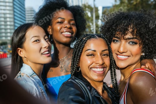 Preview: Diverse group of joyful female friends taking a selfie on a sunny urban afternoon