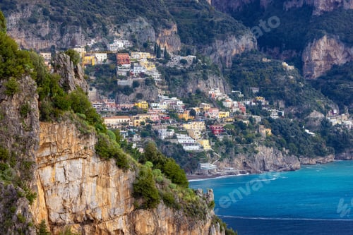 Preview: Touristic Town, Positano, on Rocky Cliffs and Mountain Landscape by the Sea. Amalfi Coast, Italy