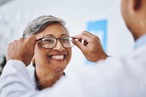 Preview: Optometry, smile and woman with prescription glasses, optician and helping client with product. Fem