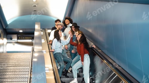 Preview: Happy young friends hanging out in subway underground metropolitan