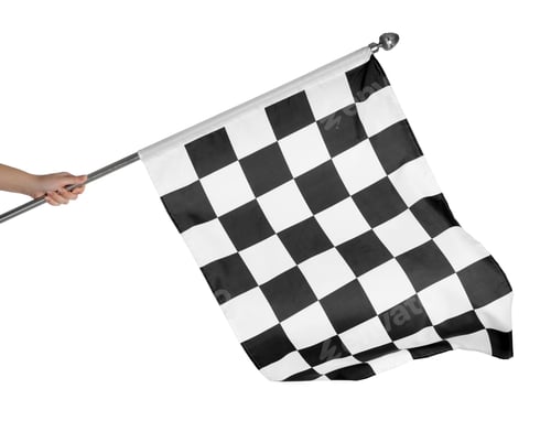 Preview: Woman holding checkered finish flag on white background, closeup