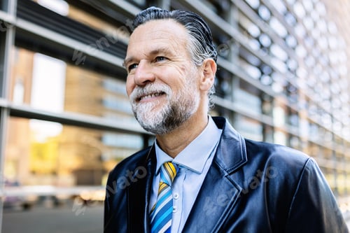 Preview: Smiling mature businessman standing on city street.