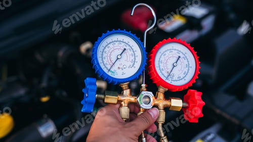 Preview: Close up hand of Mechanics inspect and check the refrigerant and fill the car air conditioner.