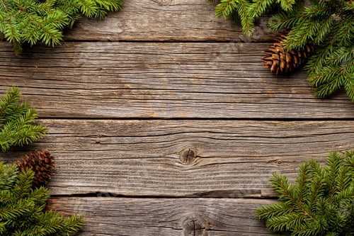 Preview: Christmas Fir tree branches and pine cones on wood