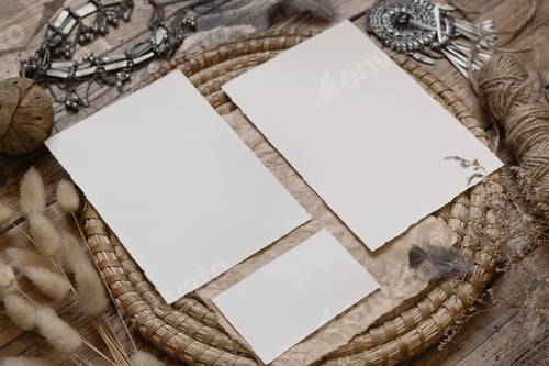 Preview: Wedding blank cards laying on a wooden table with bohemian decoration around