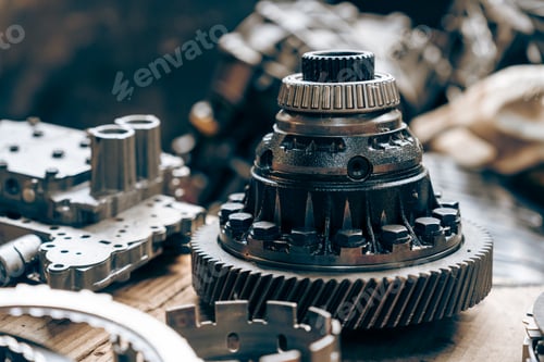 Preview: Steampunk texture, background with mechanical parts, gear wheels Stylized of a steampunk mechanical