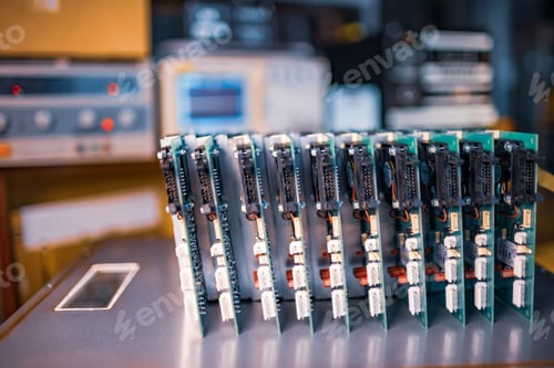 Preview: Close-up electric green embedded microcircuits in production