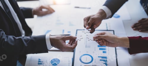 Preview: Business people with jigsaw puzzle pieces in office, Successful teamwork and partnership concept