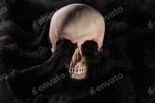 Preview: spooky human skull with black dark clouds, Halloween decoration