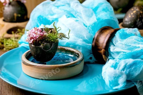 Preview: Easter table setting with empty turquoise ceramic tableware