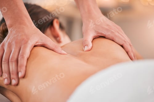 Preview: Spa, relax and massage with back of woman for beauty, skincare and wellness therapy. Peace, health