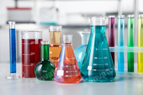 Preview: Different laboratory glassware with color liquids on light table indoors