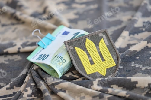 Preview: Ukrainian army symbol and bunch of euro bills on military uniform