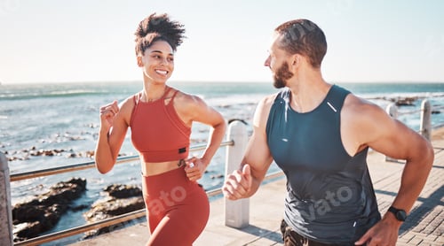 Preview: Running, fitness and water with a sports couple outdoor during summer for cardio or endurance exerc