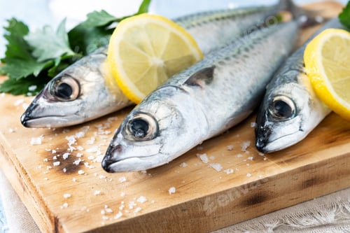 Preview: Raw mackerel fish salt around on blue background