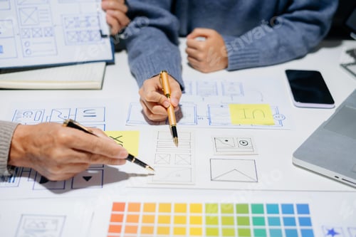 Preview: Creative UX UI team designing website wireframes, templates, and color systems with digital tools