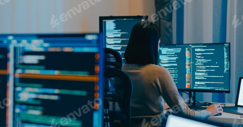 Vista previa: Asia female typing write prompt AI bot IT app smart program nomad coding language on computer.