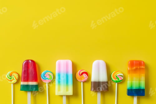 Preview: Summer season concept. Colorful ice creams and lollipops on yellow background with free copy space.