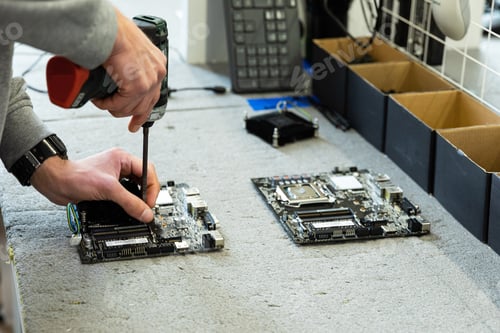 Preview: Photo of hands assembles a computer monitor system block on an conveyor belt at a monoblock assembly