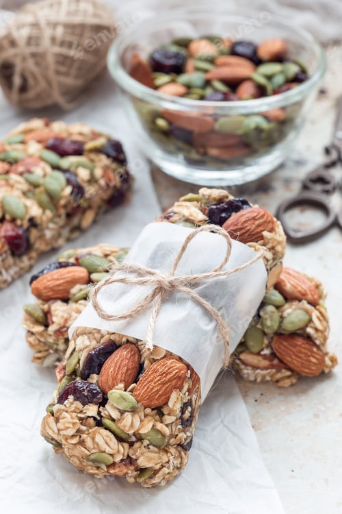 Preview: Homemade granola energy bars with figs, oatmeal, almond, dry cra