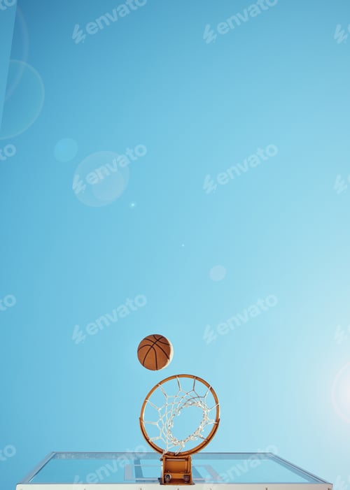 Preview: Basketball, sport and training with a ball and net isolated on a clear sky with mockup from below.
