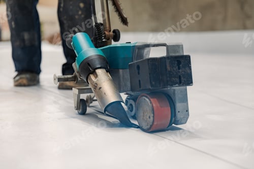 Preview: Worker welding pvc membrane by heater with welder machine