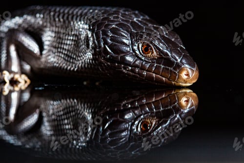 Preview: Black blue tongued lizard in dark shiny mirror environement