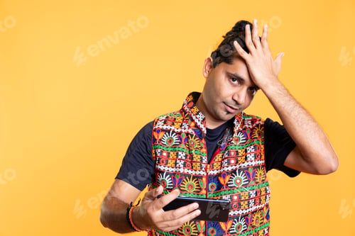 Preview: Gamer annoyed after losing videogame on cellphone, doing facepalm hand gesture