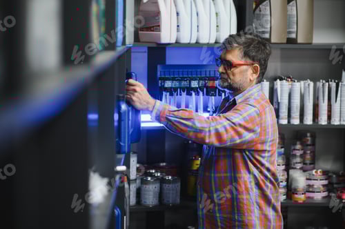 Preview: Salesman picking motor oil bottle in auto parts store