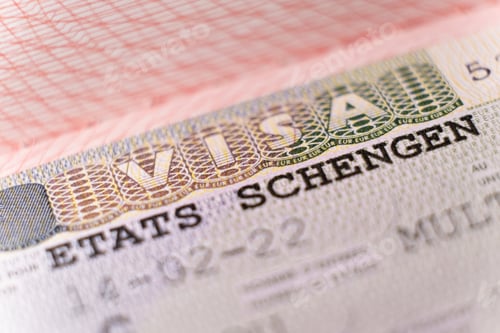 Preview: Macro shot biometric passport with schengen visa. European visitor visa for tourism and travel in EU