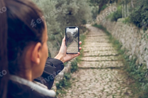 Preview: Crop lady photographing stone path and nature on smartphone