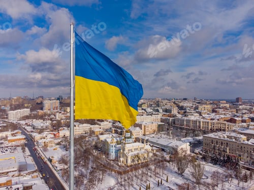 Preview: Ukrainian flag in the wind. Blue Yellow flag in the city of Kharkov