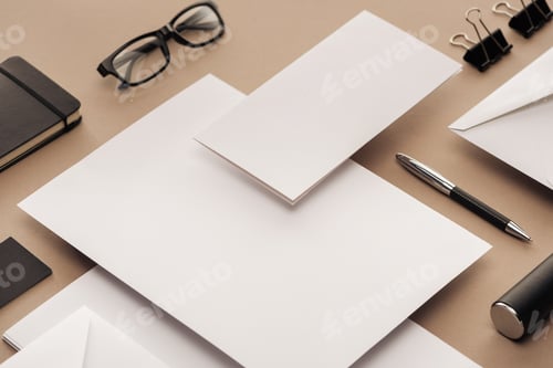 Preview: Flat lay with glasses, pen, notebook, case, paper clips, envelopes and sheets of paper