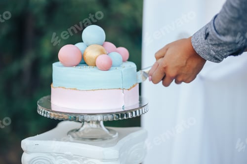 Preview: Two-tier cake is two-tone, the bottom of the cake is pink and the top is blue, the cake has