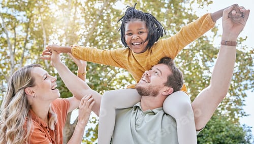 Preview: Family, adoption and piggyback in the park with a girl and foster parents having fun together in th