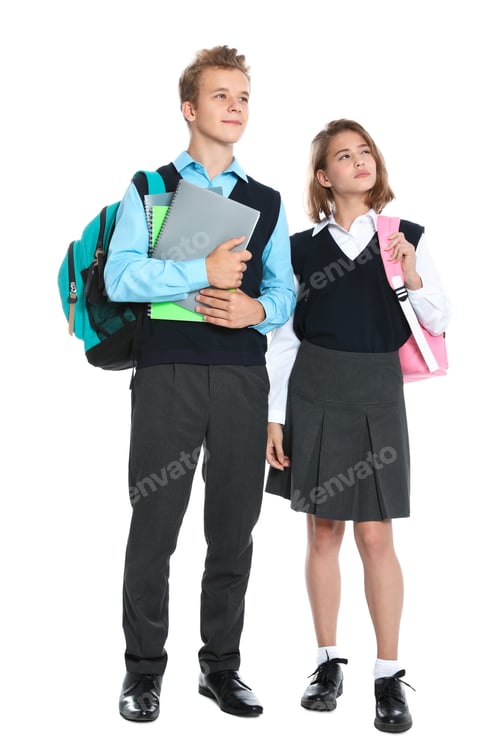 Preview: Happy pupils in school uniform on white background