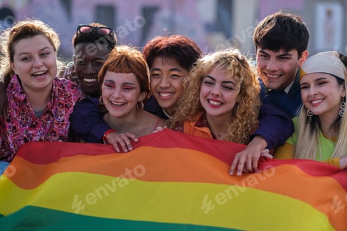 Preview: Portrait of teenagers with the lgtbi flag fighting for their rights