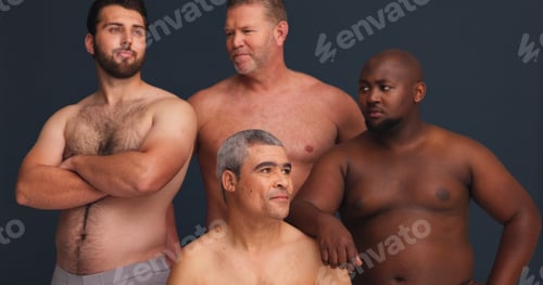 Preview: Diversity, body positivity and group of men in underwear with confidence, inclusion and unique iden